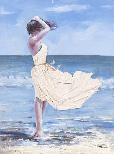 PXYW631 Wall décor art oil on canvas seascape lady on beach blue white tones